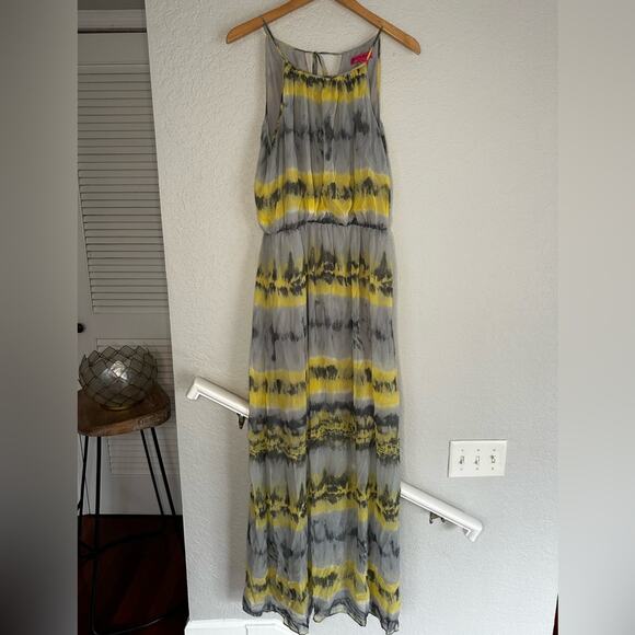 Y2K Betsey Johnson Maxi Dress Yellow Grey Flowy Halter Artsy Watercolor Size 10 - Picture 1 of 6